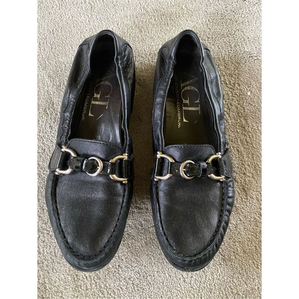 AGL Loafer 38 HORSEBIT Silver Buckle Patent Moc Toe Driving Slip On Italy